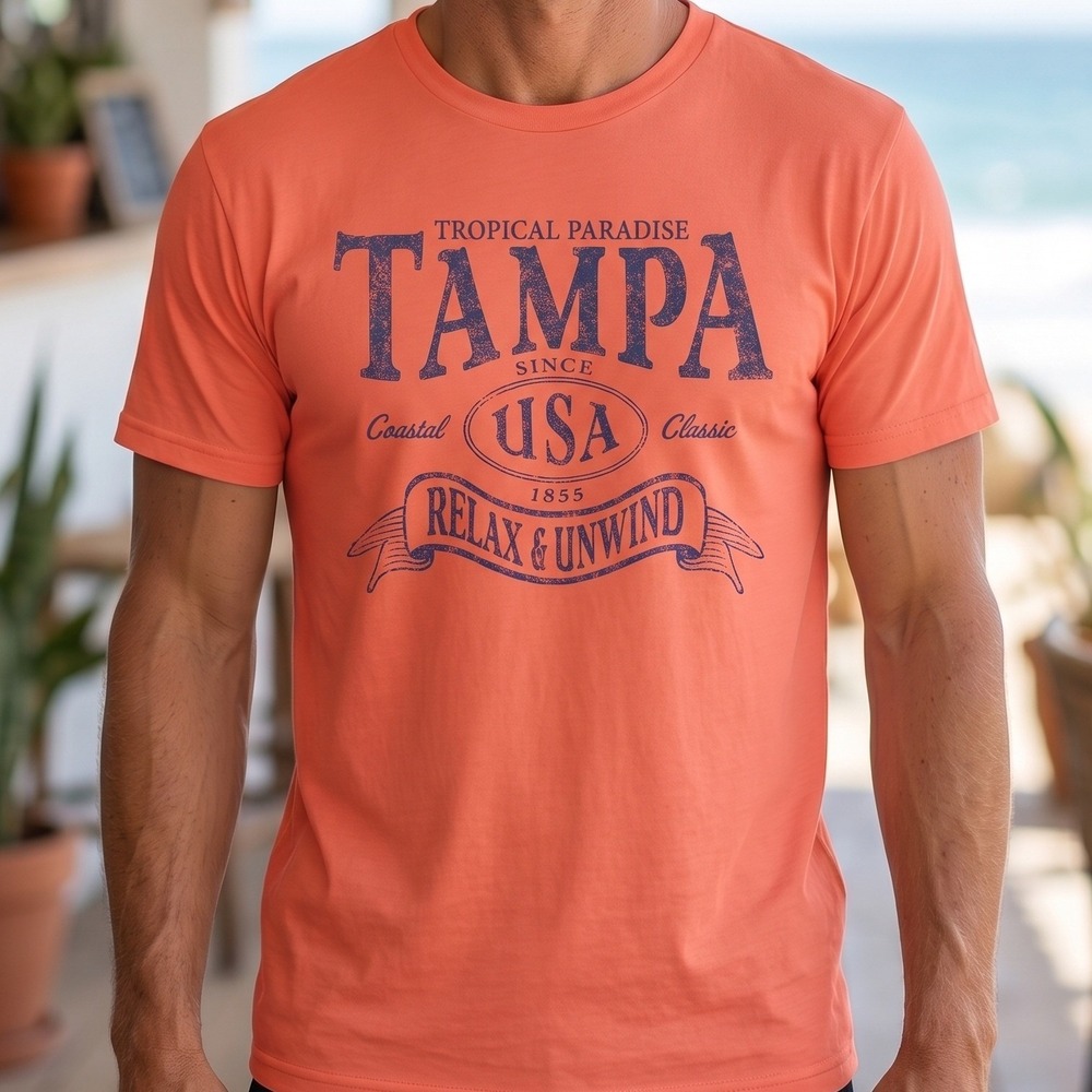Tampa Tropical Paradise USA Relax & Unwind‎ Graphic T-Shirt Heather Orange Mens
